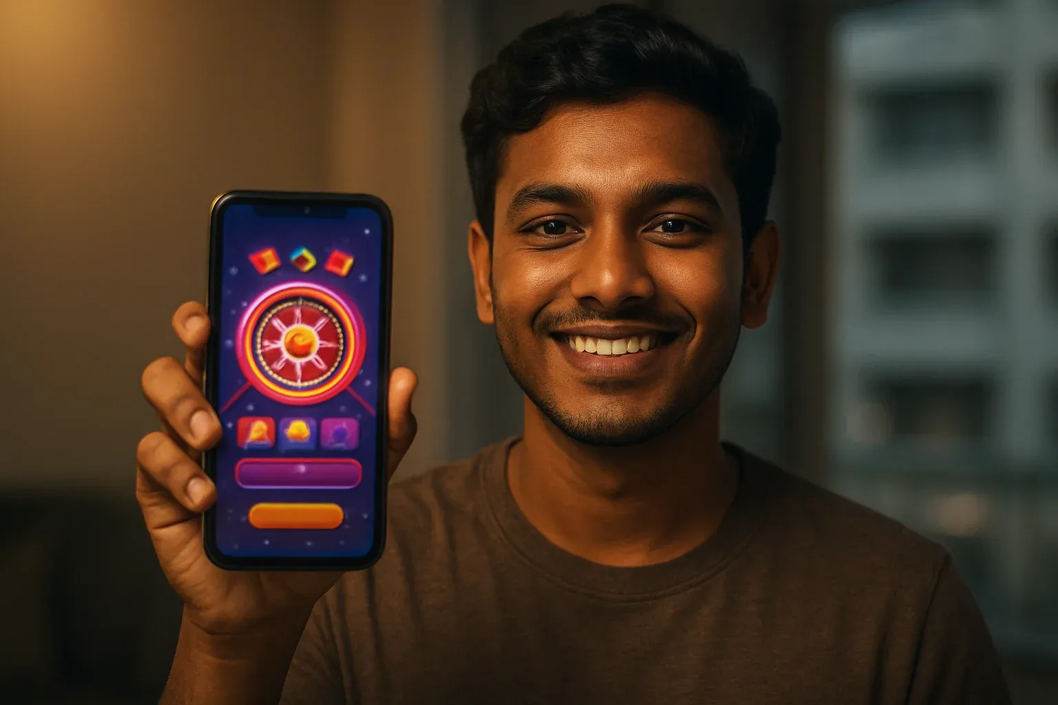 Young Bangladeshi man holding smartphone showing glowing mobile casino app interface