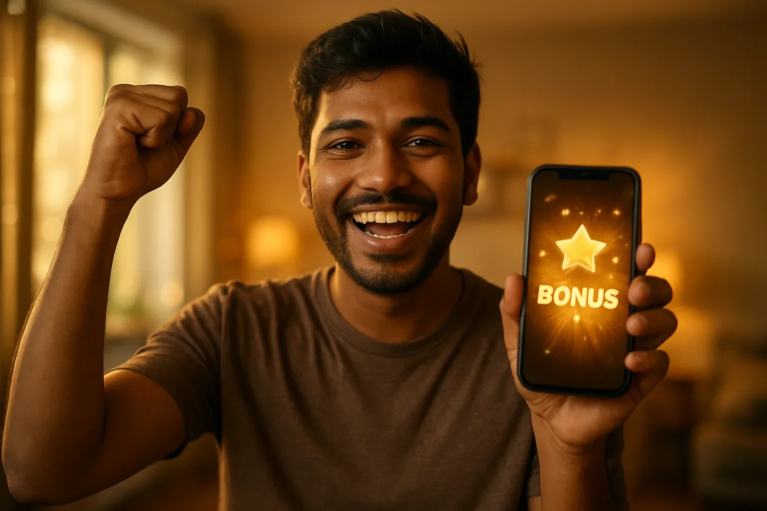 Joyful young Bangladeshi man celebrating, holding smartphone with glowing bonus notification