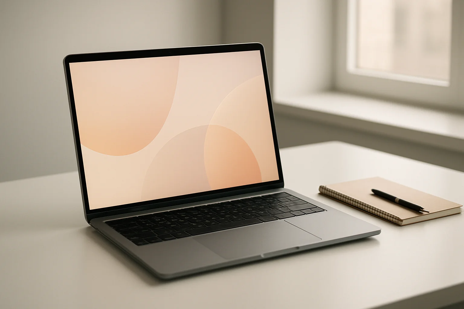 Modern laptop on white desk with glowing abstract screen in daylight