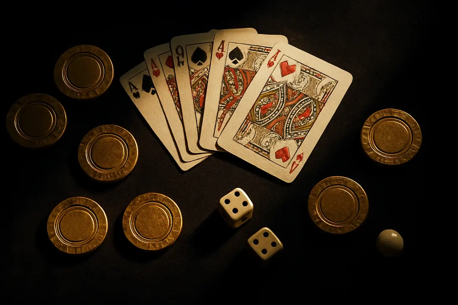 Top-down dark velvet casino flat lay with chips, cards, dice, roulette ball
