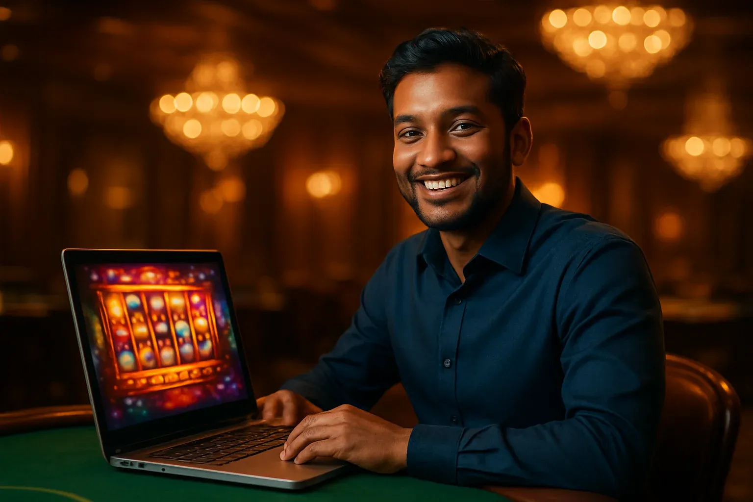 Cheerful Bangladeshi man in navy shirt smiling at open laptop in casino lounge