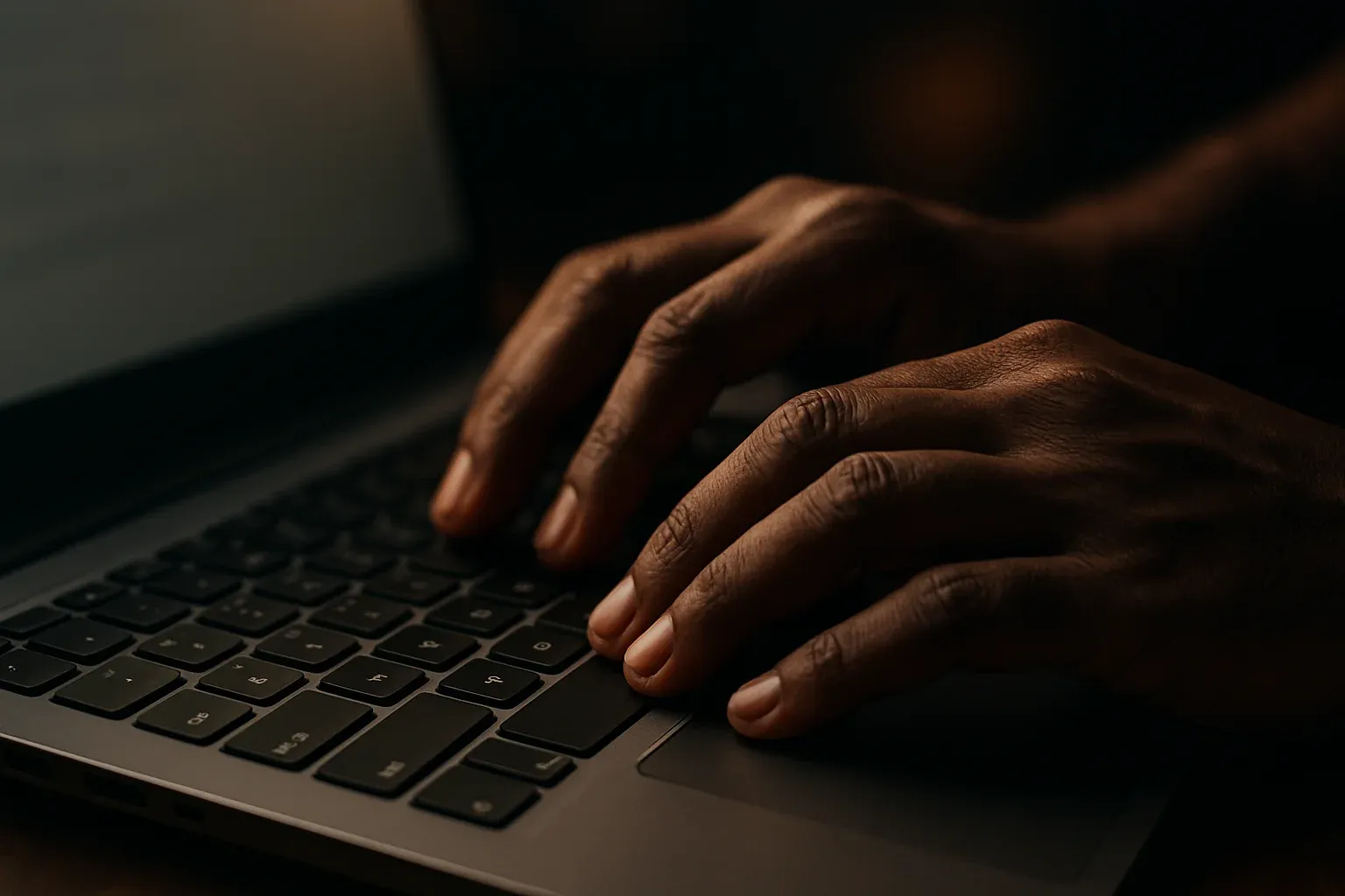 Close-up of Bangladeshi man hands typing on modern laptop keyboard