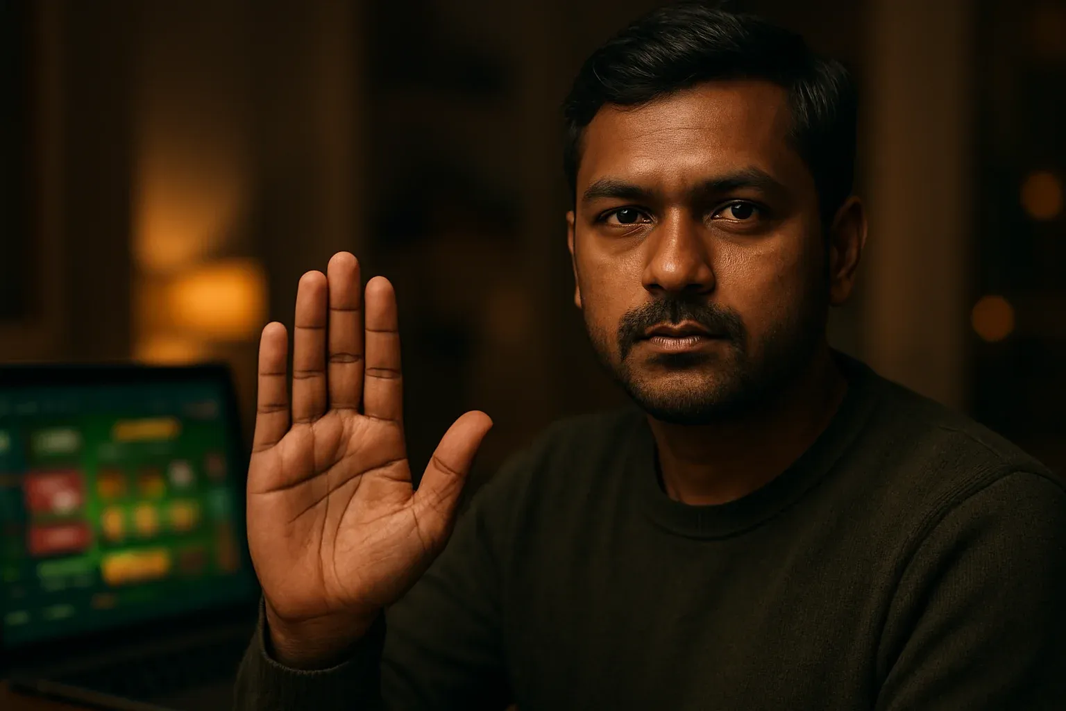 Bangladeshi man shows stop gesture to online casino laptop at home