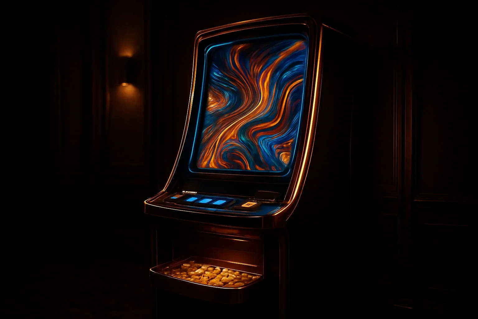 Hyperrealistic premium slot machine in dark luxury setting with neon lighting